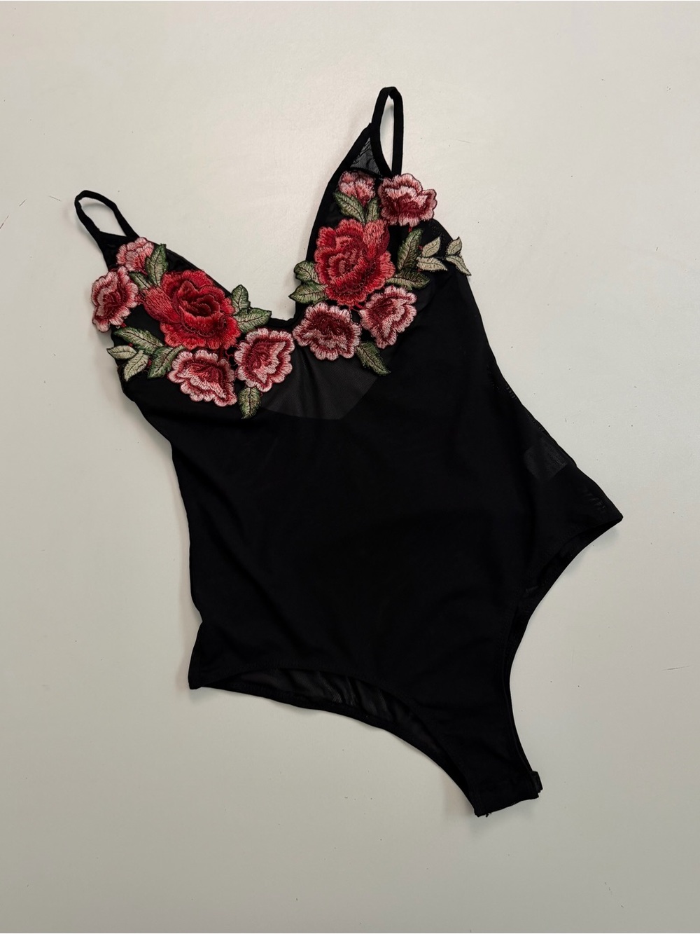 Floral Appliqué Bodysuit Nighty Roses Mesh Semi Sheer Sexy Fairy Black Red Pink